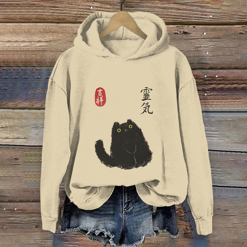 100% Cotton Retro Japanese Cat Abstract Art Print Hoodie - Apricot - US16-18(2XL) - image 1