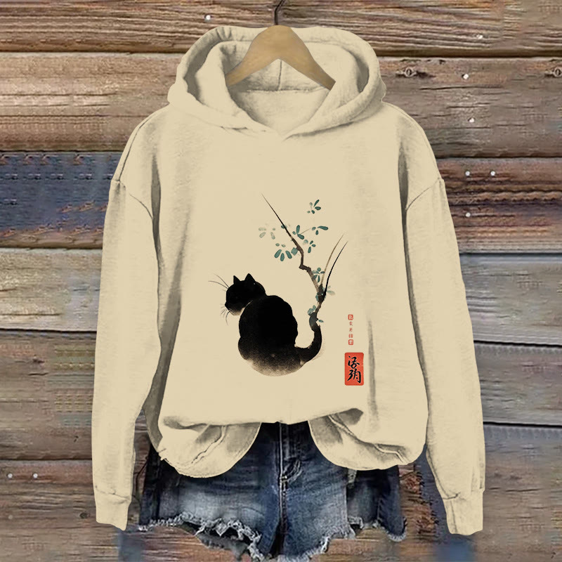 100% Cotton Retro Japanese Cat Ink Painting Art Print Hoodie - Apricot - US16-18(2XL) - image 1