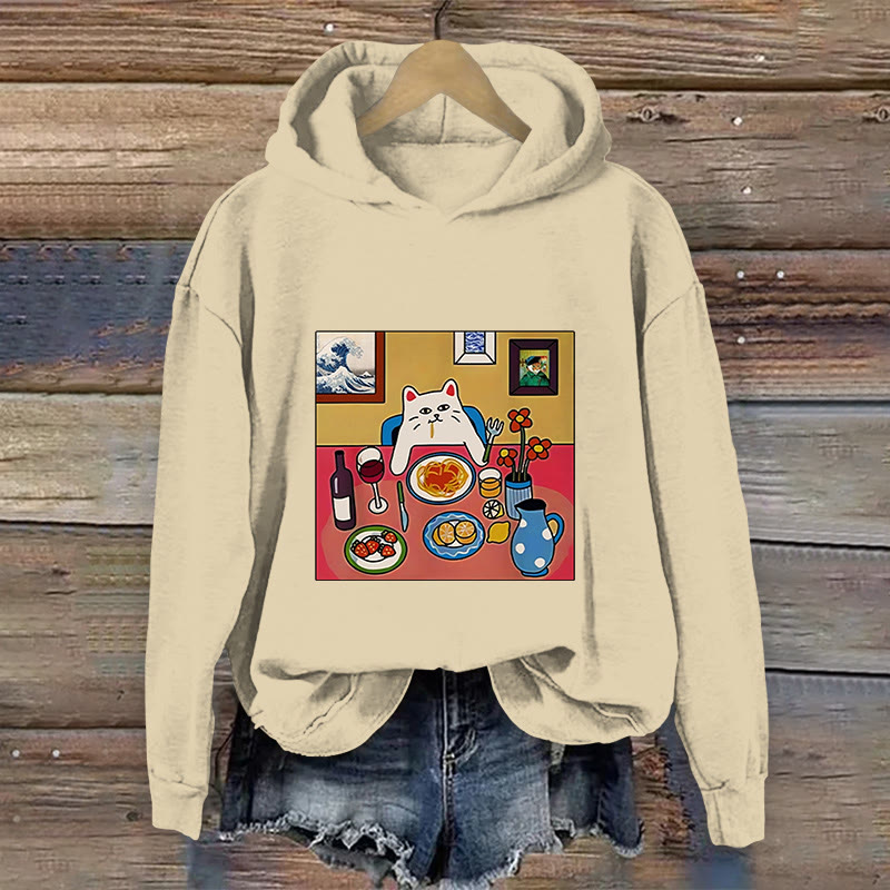 100% Cotton Japanese Style Fun Cats And Food Print Hoodie - Apricot - US16-18(2XL) - image 1