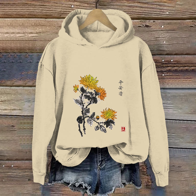 100% Cotton  Vintage Japanese Chrysanthemum Art Art Print Hoodie - Apricot - US16-18(2XL) - image 1