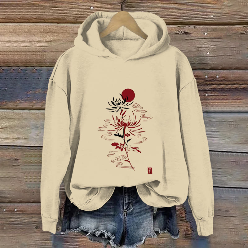 100% Cotton Vintage Japanese Chrysanthemum Sunset Art Print Hoodie - Apricot - US16-18(2XL) - image 1