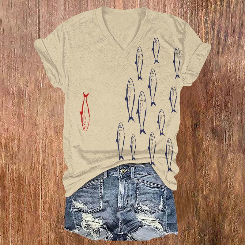 Vintage Sardines School Art Print T-shirt - Apricot - US32-34(5XL) - image 1