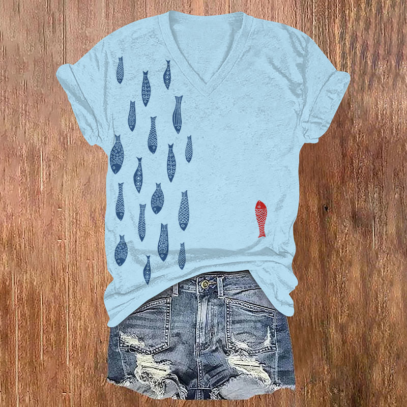 Vintage Cartoon Ocean Fish Art Print T-shirt - Blue - US32-34(5XL) - image 1