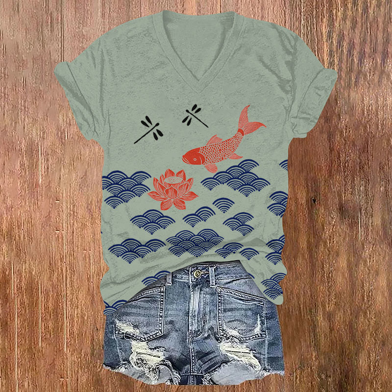 Vintage Koi & Lotus & Dragonfly Art Print T-shirt - Green - US32-34(5XL) - image 1