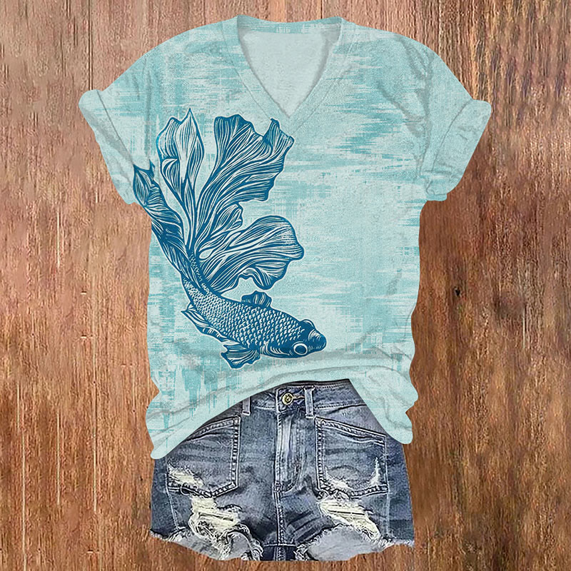 Elegant Betta Fish Art Print T-shirt - Blue - US32-34(5XL) - image 1
