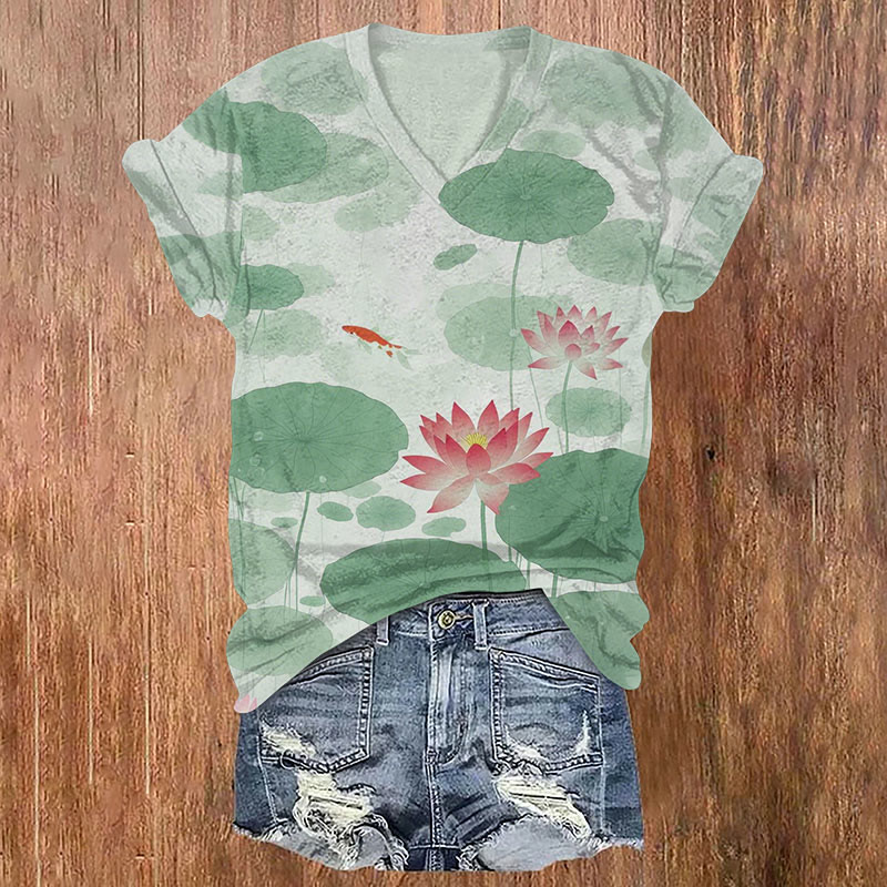 Serenity Lotus Pond & Goldfish Art Print T-shirt - Green - US32-34(5XL) - image 1