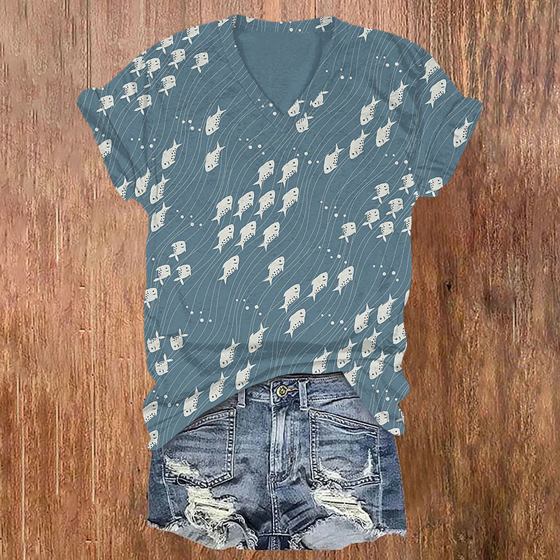 Waves Of Small Fish Art Print T-shirt - Blue - US32-34(5XL) - image 1