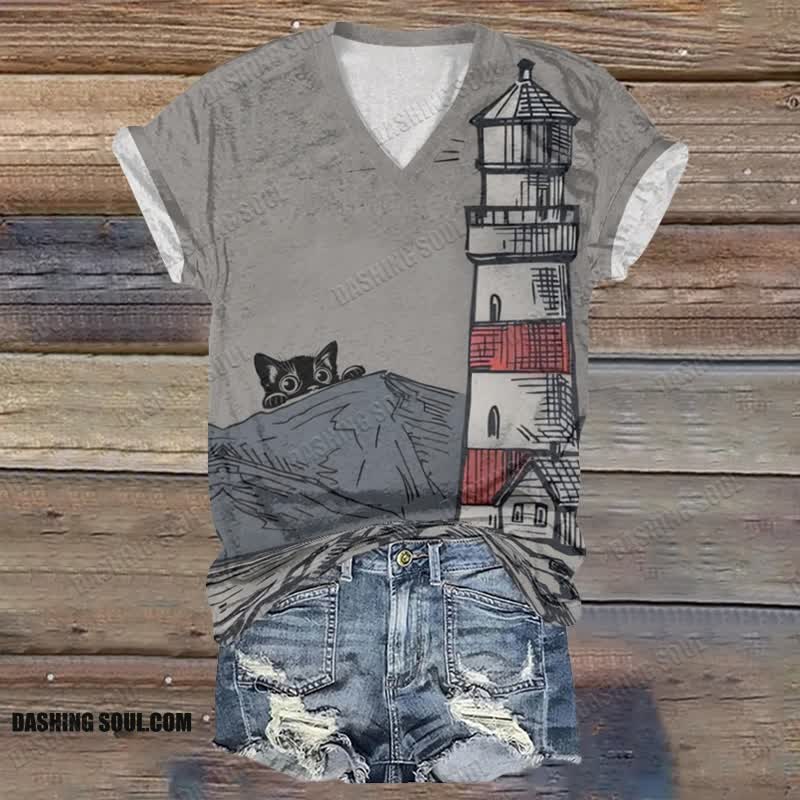 Women's Sketch Kitten Watching Lighthouse Print V-neck Short-sleeved T-shirt