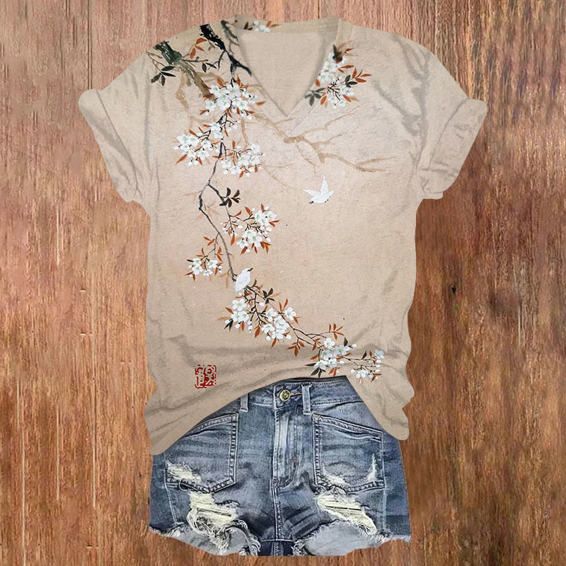 Vintage Japanese Floral Art T-shirt - Khaki - US32-34(5XL) - image 1