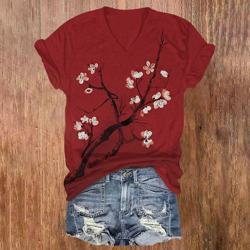 Vintage Japanese Plum Blossom Ink Art T-shirt - Red - US32-34(5XL) - image 1