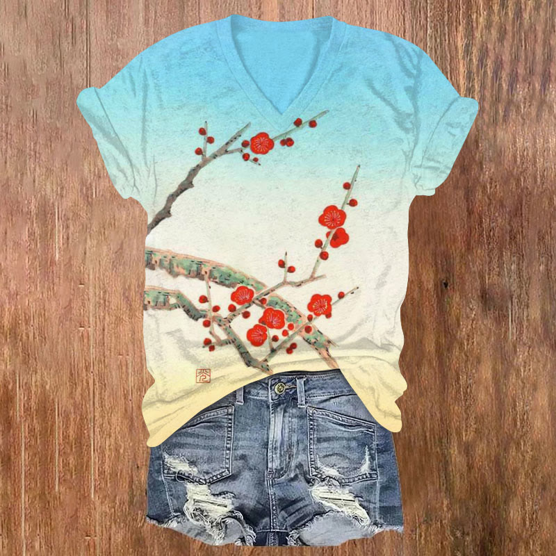 Japanese Plum Blossom Art T-shirt - Sky Blue - US32-34(5XL) - image 1