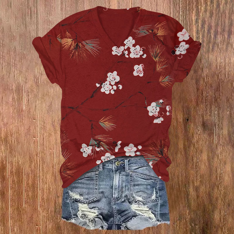Vintage Japanese Style Plum Blossom And Pine Leaf Art T-shirt - Red - US32-34(5XL) - image 1