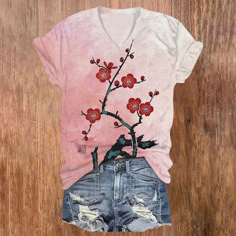 Retro Japanese Plum Blossom Gradient Art T-shirt - Pink - US32-34(5XL) - image 1