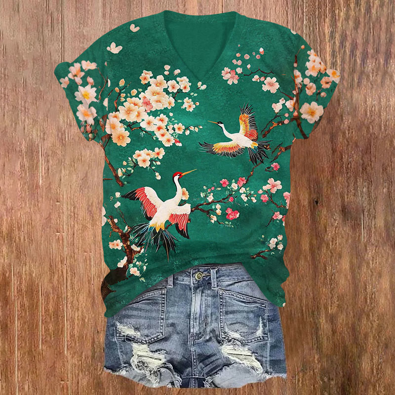 Vintage Japanese Style Crane And Plum Blossom Art T-shirt - Green - US32-34(5XL) - image 1