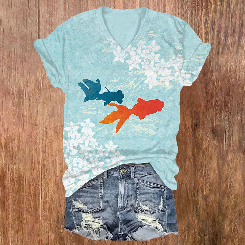  Japanese Style Goldfish And Flowers Simple Art T-shirt - Light Blue - US32-34(5XL) - image 1