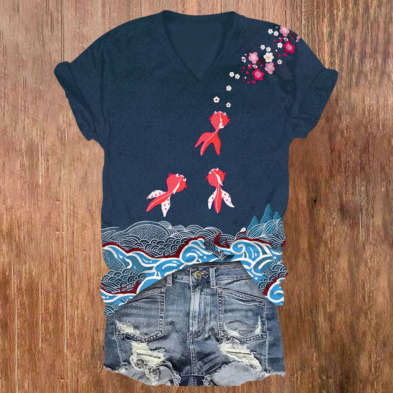 Vintage Japanese Style Goldfish And Ocean Wave Floral Art T-shirt - Navy Blue - US32-34(5XL) - image 1