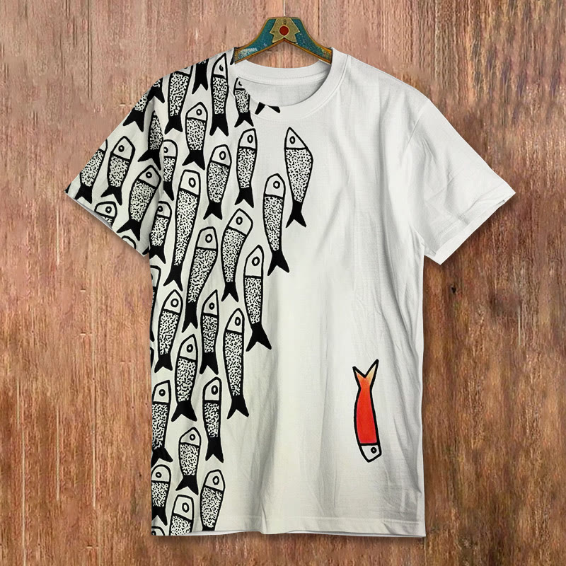 Cute Simple Lines Abstract Geometric Fish Art Print Short-sleeved Men's Casual T-shirt - White - 8XL - image 1