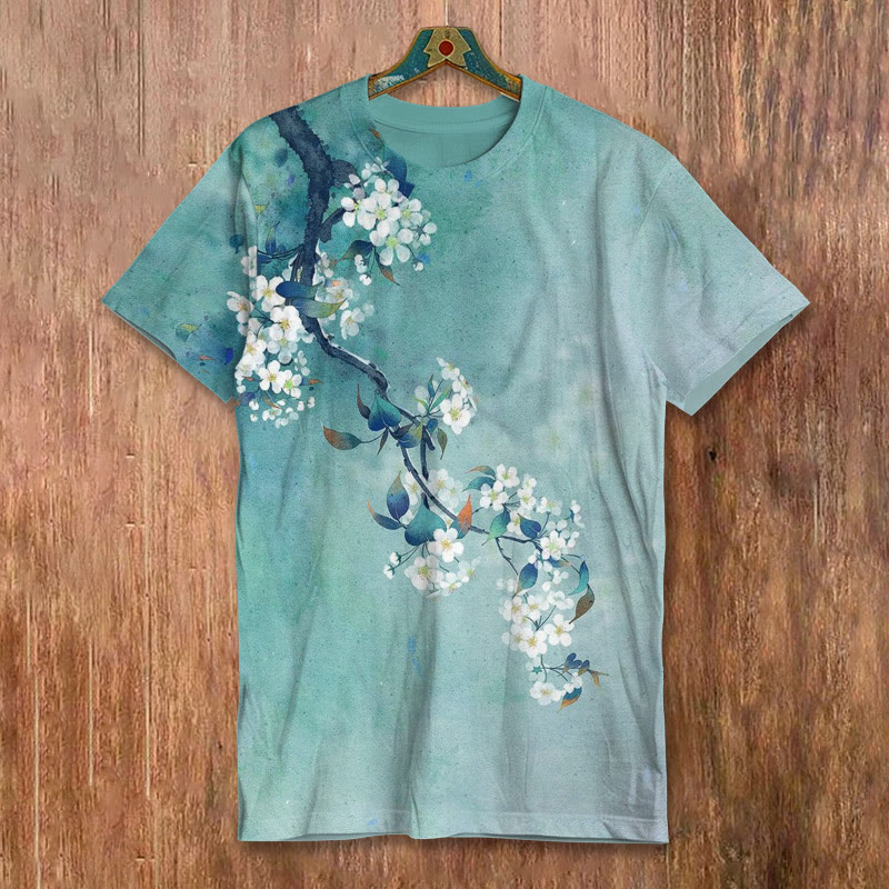 Japanese Antique Pear Blossom Ink Painting Print Short-sleeved Men's Casual T-shirt - Green - 8XL - image 1