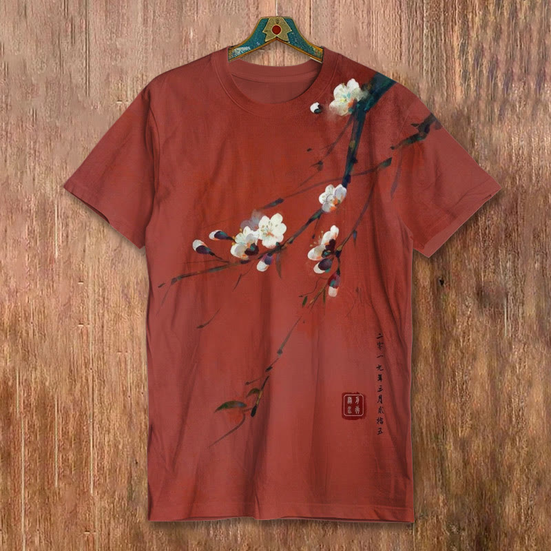 Vintage Plum Blossom Art Print Short-sleeved Men's Casual T-shirt - Red - 8XL - image 1