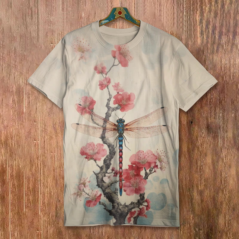 Retro Plum Blossom Dragonfly Japanese Art Print Short-sleeved Men's Casual T-shirt - Apricot - 8XL - image 1