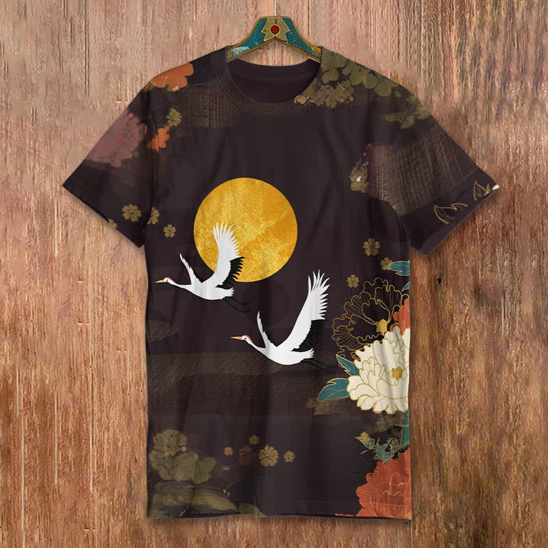 Vintage Japanese Peony Crane Print Short-sleeved Men's Casual T-shirt - Brown - 8XL - image 1