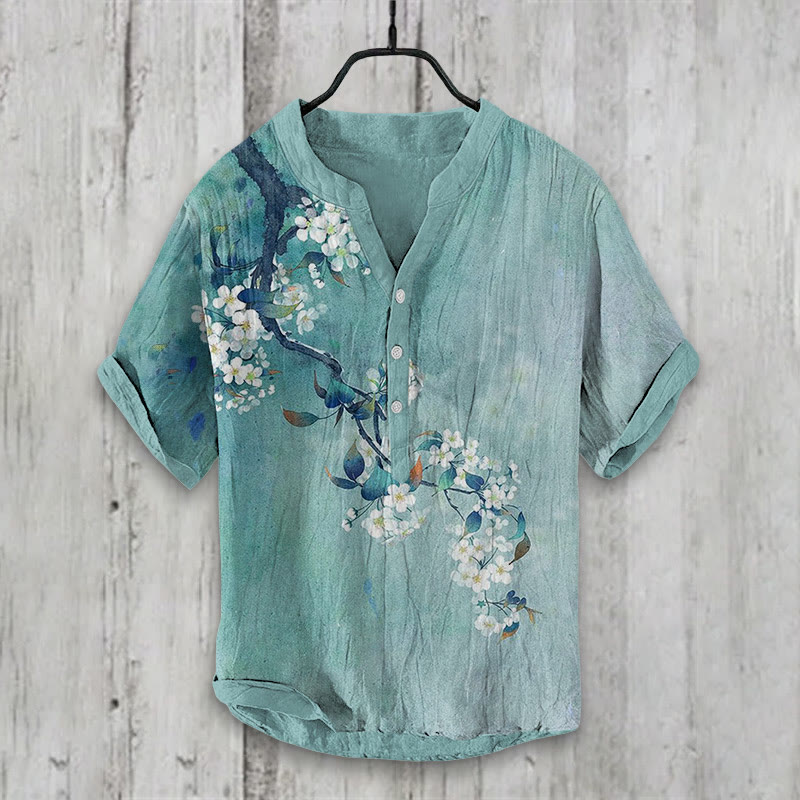 Japanese Antique Pear Blossom Ink Painting Print Shirt - Green - 5XL - image 1