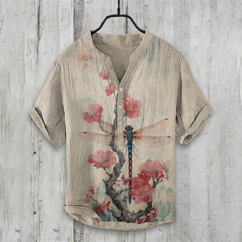 Retro Plum Blossom Dragonfly Japanese Art Print Shirt - Apricot - 5XL - image 1