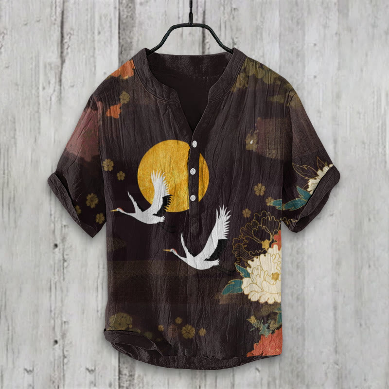Vintage Japanese Peony Crane Print Shirt - Brown - 5XL - image 1