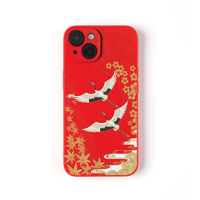 Japanese Style Floral Crane Print Phone Case - Red - iPhone 16 Pro Max - image 1