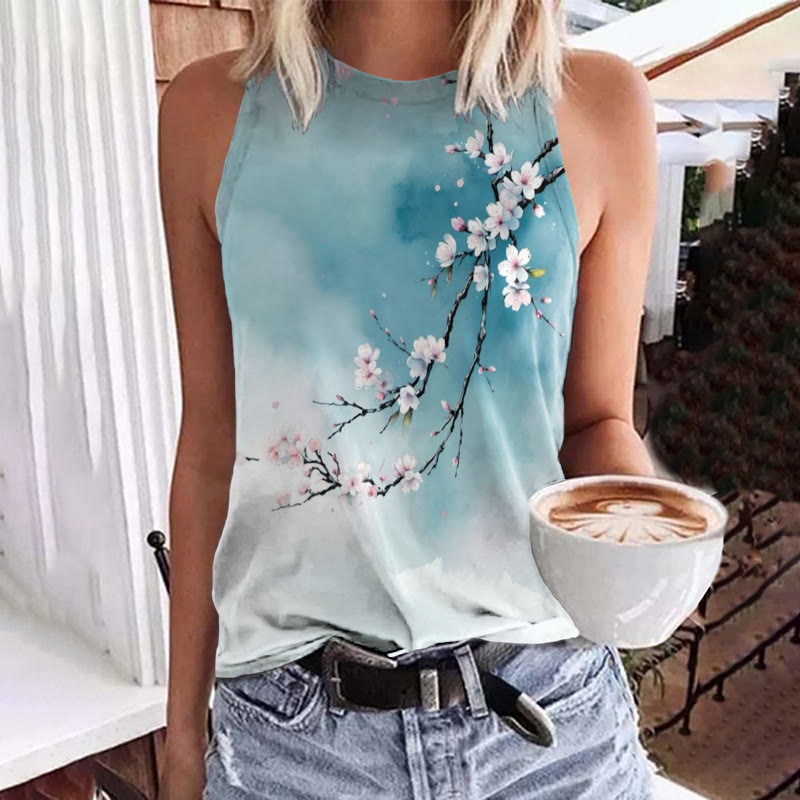 Japanese Ink Painting Flowers Print Crew Neck Tank Top - Blue - 5XL - image 1