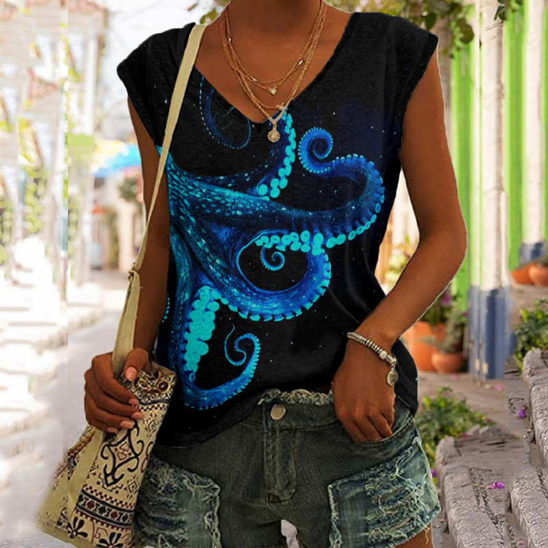 Three-dimensional Creative Octopus Print V-neck Tank Top - Black - 5XL - image 1