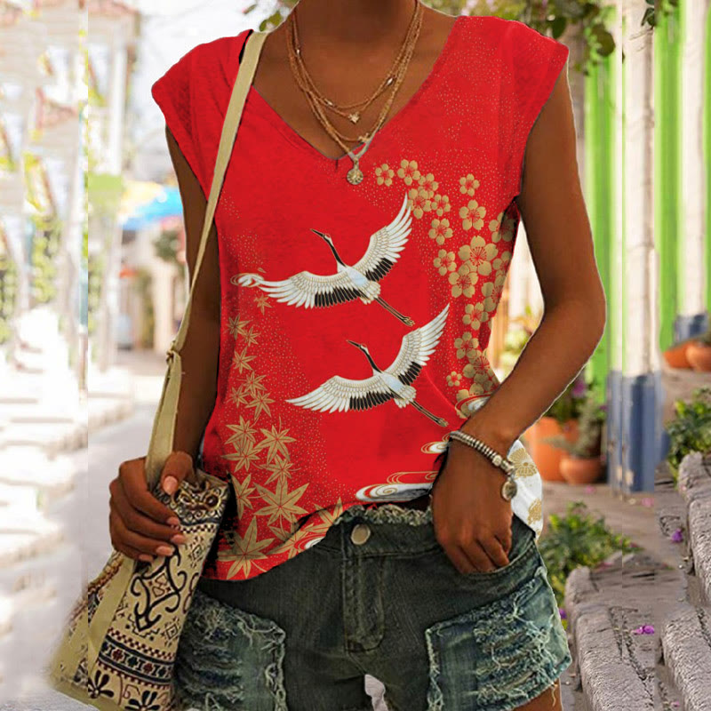 Japanese Style Floral Crane Print V-neck Tank Top - Red - 5XL - image 1