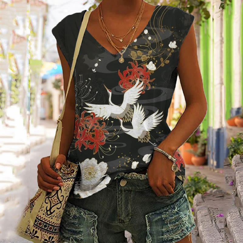 Japanese Peony And Crane Print V-neck Tank Top - Grey - 5XL - image 1
