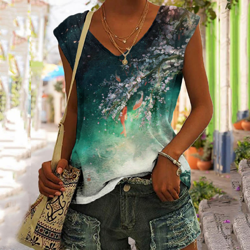 Japanese Style Goldfish Flowers Print V-neck Tank Top - Green - 5XL - image 1