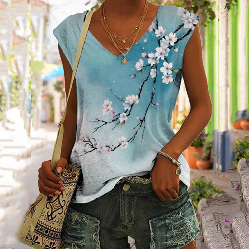 Japanese Ink Painting Flowers Print V-neck Tank Top - Blue - 5XL - image 1