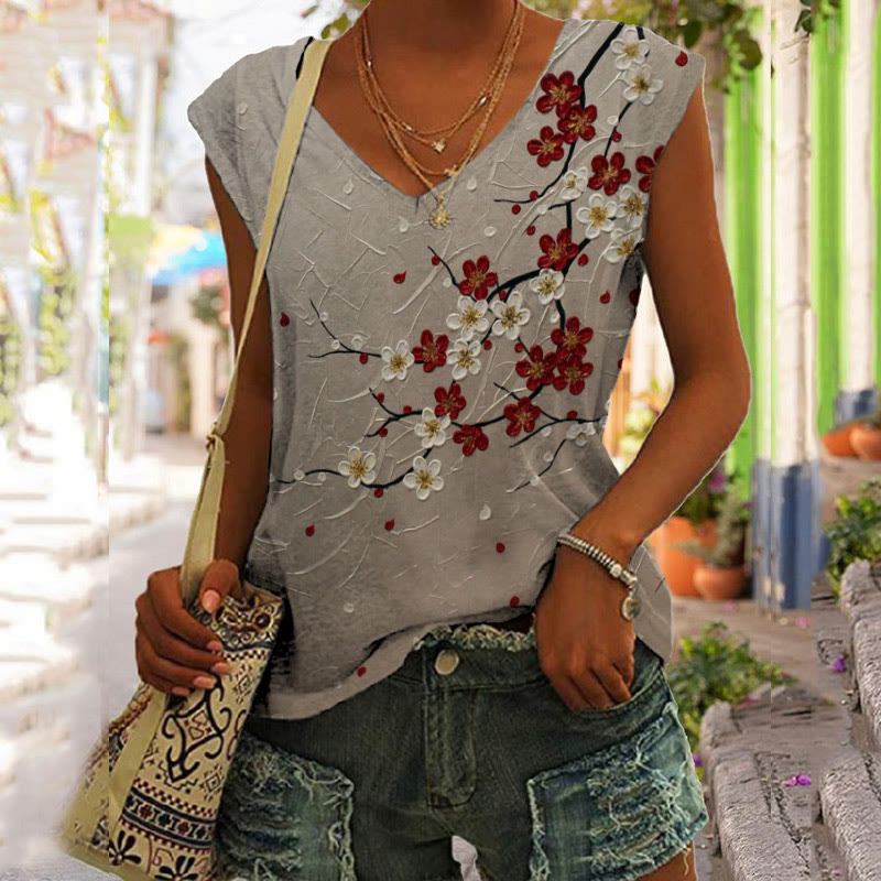 Vintage Oil Painting Flowers Print V-neck Tank Top - Coffee - 5XL - image 1