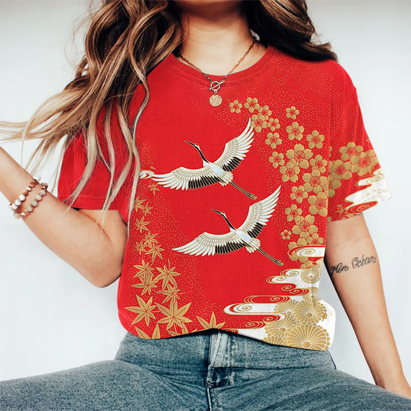 Women's Japanese Style Floral Crane Print Casaul T-shirt - Red - US44-46(8XL) - image 1