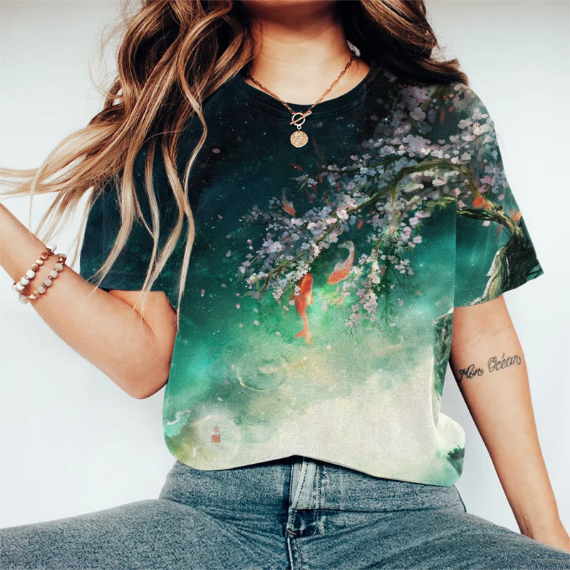 Women's Japanese Style Goldfish Flowers Print Casaul T-shirt - Green - US44-46(8XL) - image 1