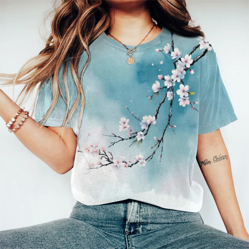 Women's Japanese Ink Painting Flowers Print Casaul T-shirt - Blue - US44-46(8XL) - image 1