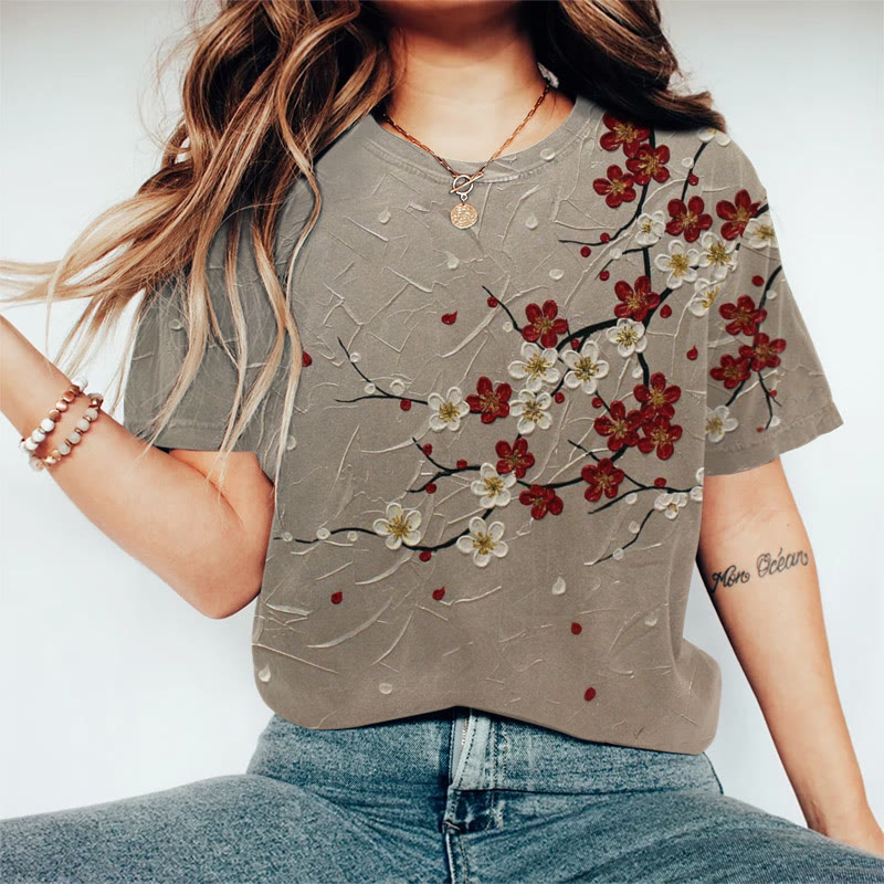 Women's Vintage Oil Painting Flowers Print Casaul T-shirt - Coffee - US44-46(8XL) - image 1