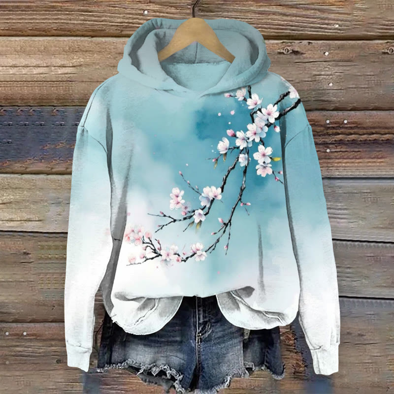 Japanese Ink Painting Flowers Print Long Sleeve Hoodie - Blue - US44-46(8XL) - image 1