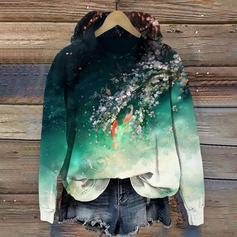 Japanese Style Goldfish Flowers Print Long Sleeve Hoodie - Green - US44-46(8XL) - image 1