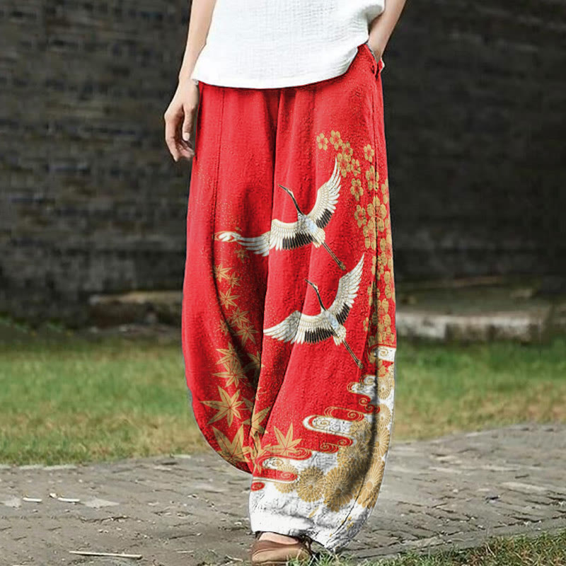 Japanese Style Floral Crane Print Casual Pants - Red - US18(5XL) - image 1