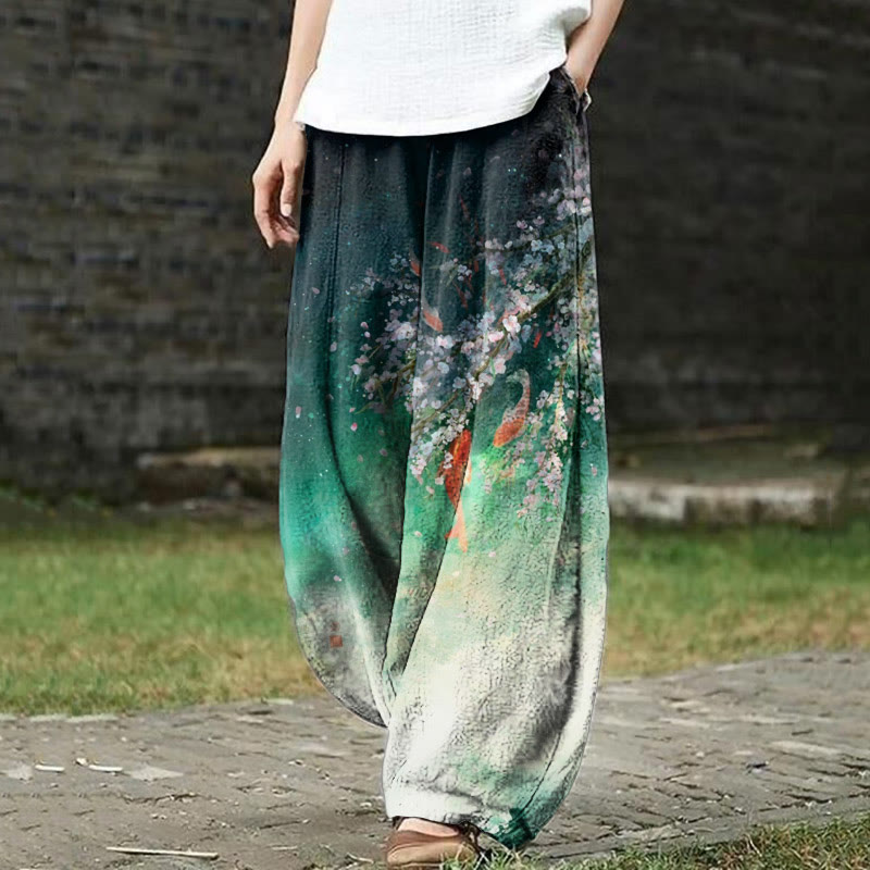 Japanese Style Goldfish Flowers Print Casual Pants - Green - US18(5XL) - image 1