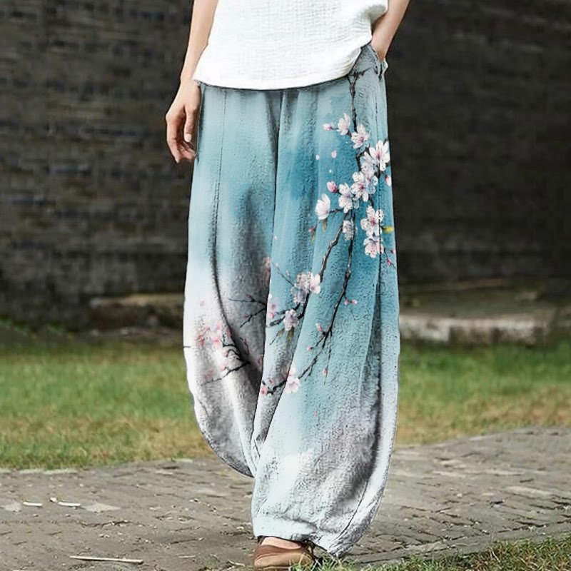 Japanese Ink Painting Flowers Print Casual Pants - Blue - US18(5XL) - image 1