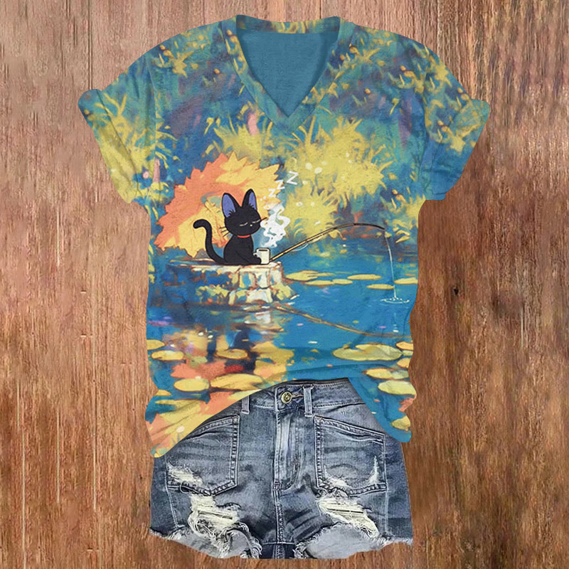 Cute Sleepy Cat Fishing Art Art T-shirt - Multicolor - US32-34(5XL) - image 1