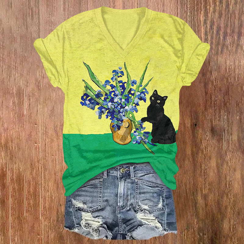 Cat And Flower Color Contrast Art T-shirt - Yellow - US32-34(5XL) - image 1