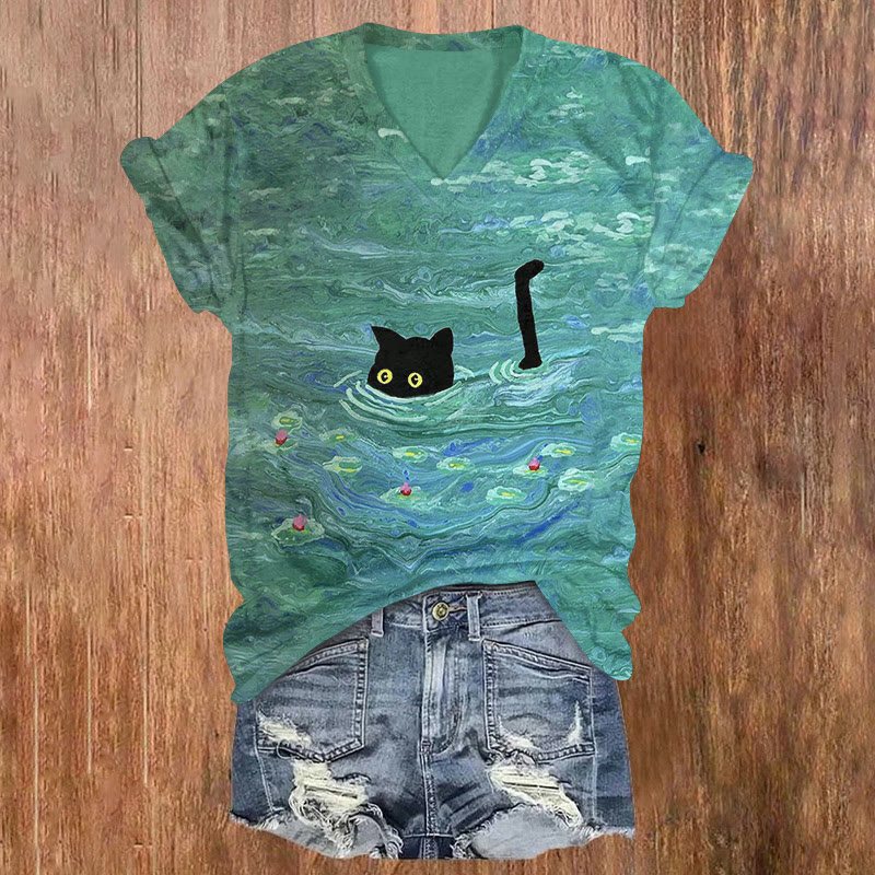 Swimming Cat Oil Painting Art T-shirt - Green - US32-34(5XL) - image 1