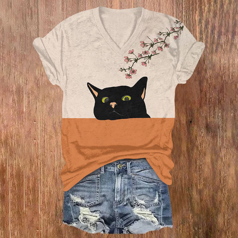 Playful Cat And Cherry Blossom Contrast Art T-shirt - Light Pink - US32-34(5XL) - image 1