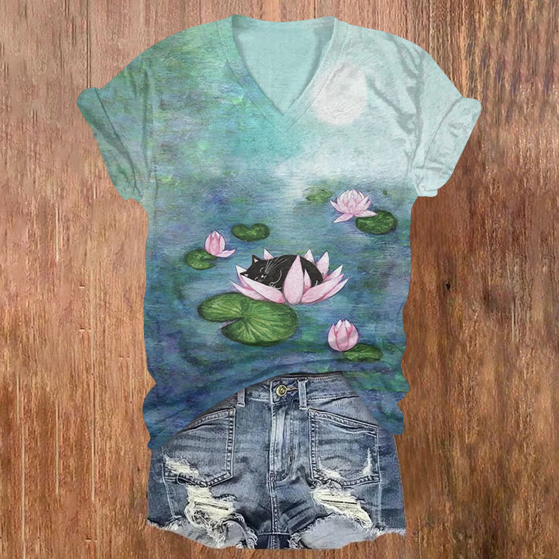 Sleeping Lotus Cat And Lotus Leaf Oil Painting Art T-shirt - Green - US32-34(5XL) - image 1